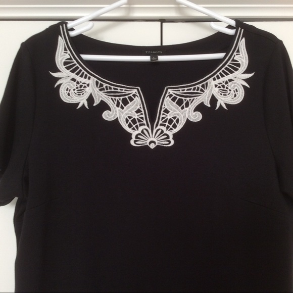 Talbots Black Dress White Embroidered Neckline - L - Picture 2 of 12